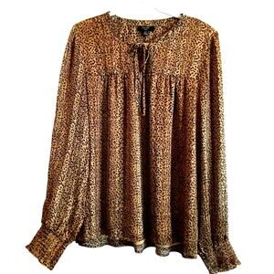 Haver London Leopard Print Blouse XL Boho Peasant Top Flowy Long Sleeve